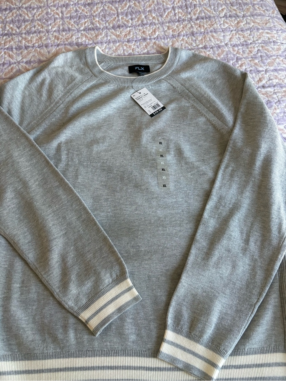 FLX Men's Light Gray Crewneck Sweater with Contrast Stripe Cuffs